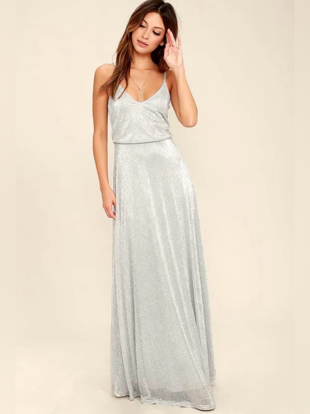 Lulus Silver Sparkle V-Neck Maxi Dress Size XL